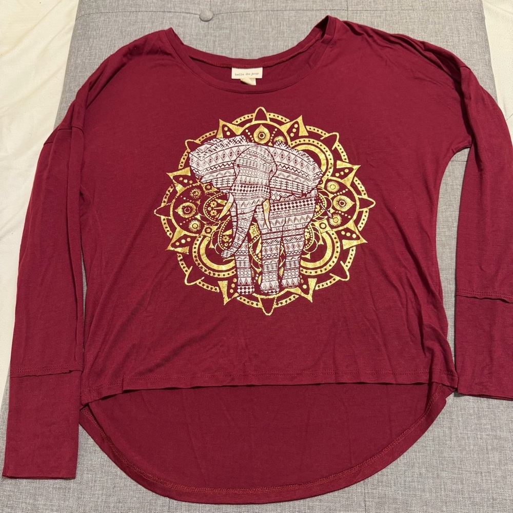 Belle Du Jour Maroon Elephant Mandala Long Sleeve Top